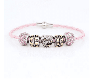 Pink Crystal Silver Plated Best Mom Leather Beaded Bracelet