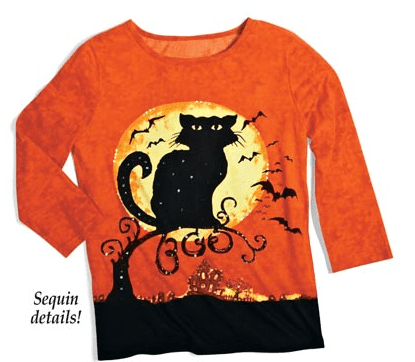 Halloween Black Cat and Moon with 3 4 Sleeves Scoopneck Top from Collections Etc.