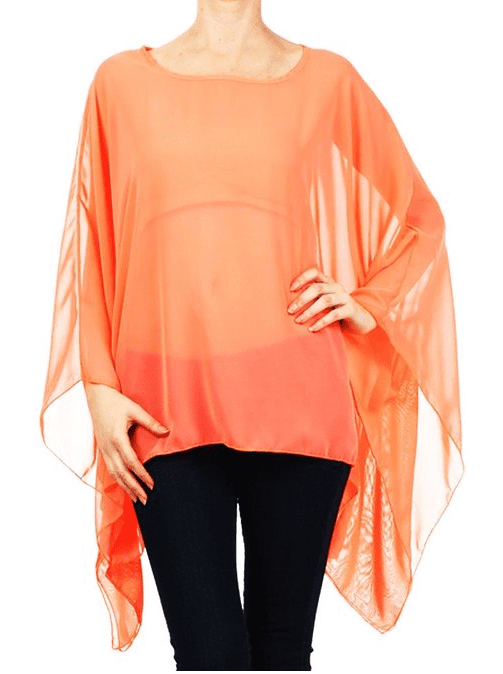 Modern Kiwi Solid Sheer Chiffon Caftan Poncho Tunic Top Neon Orange One Size