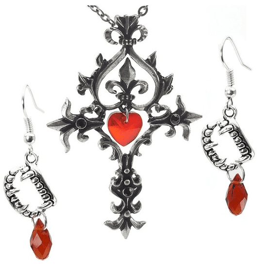 DaisyJewel Gothic Red Heart Pewter Cross Necklace And Drop Earrings