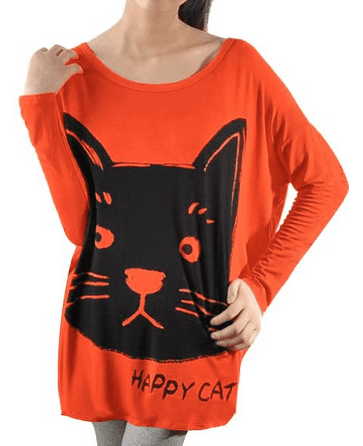 Long Batwing Sleeve Cartoon Cat Shirt