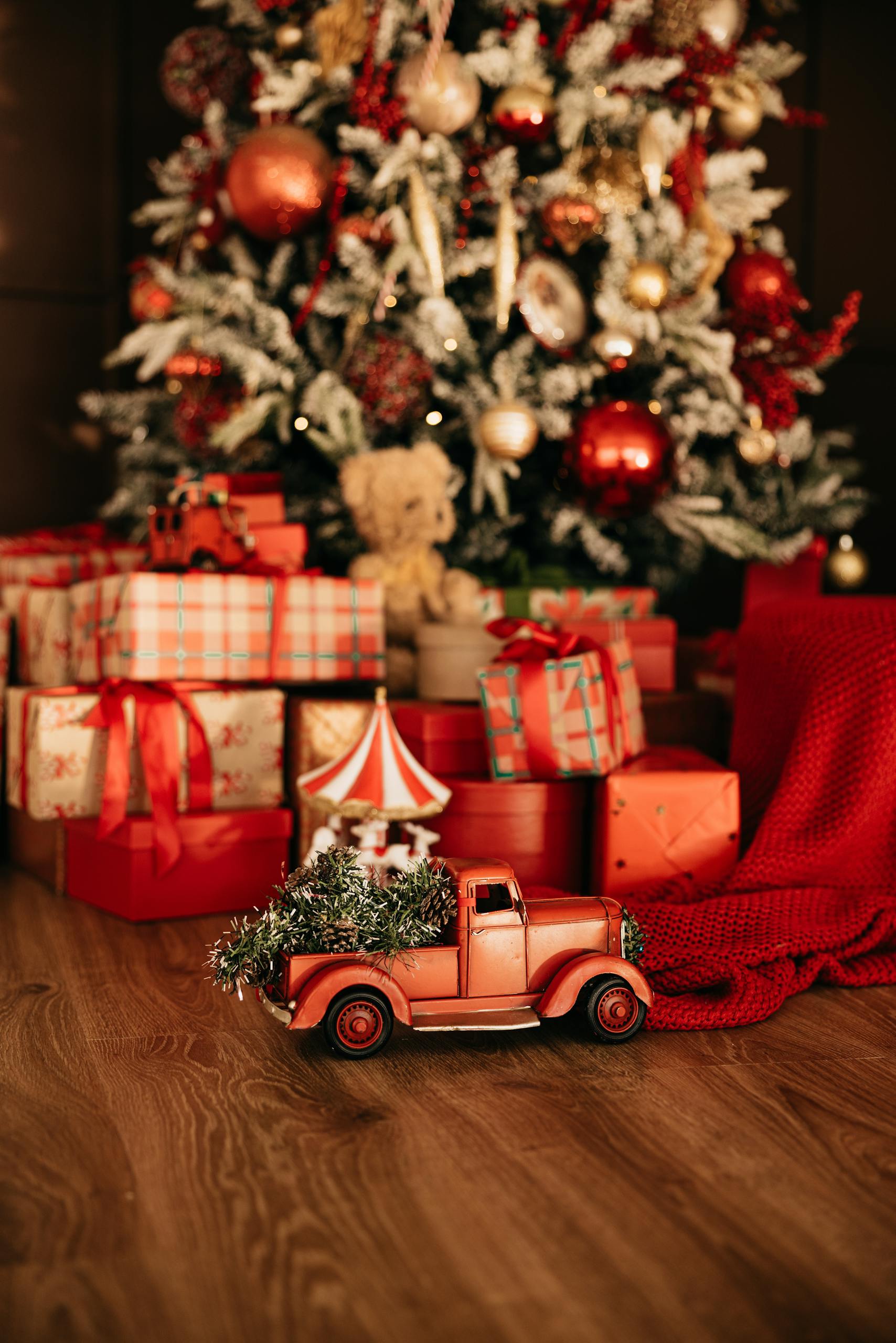 Toy Truck, Gifts Boxes and Christmas Tree behind